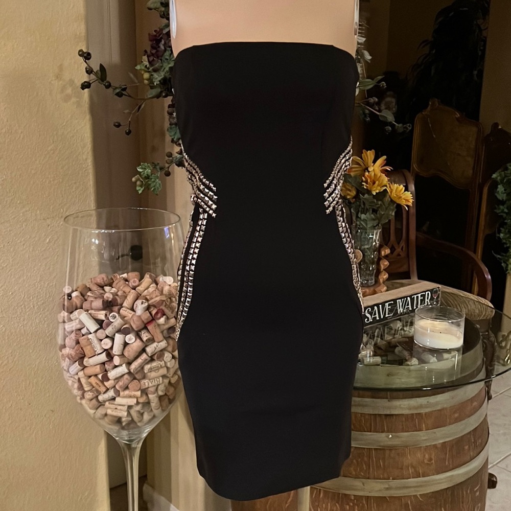 Guess little black strapless dress with silver metal accents